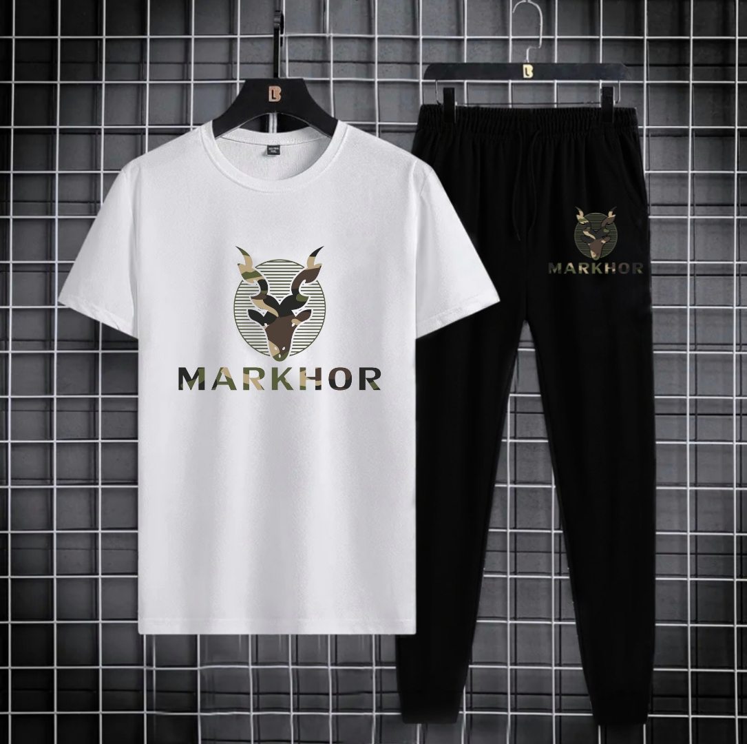 TRACKSUIT - White Camouflage Markhor Printed Tracksuit For Men - Soft & Comfy Fabric Tshirt & Trouser Commando Printed Tracksuit