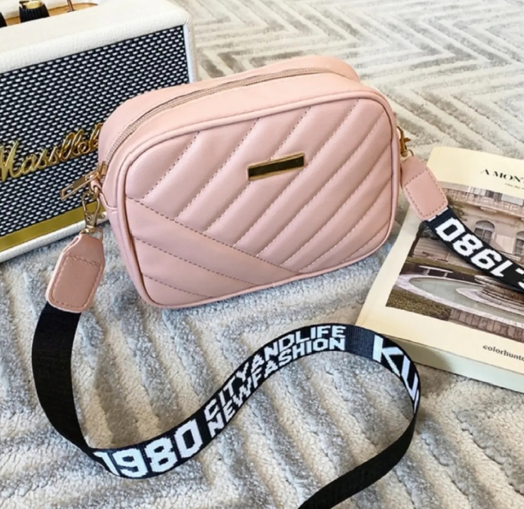 Quilted Crossbody Bag for Women with Logo Strap - Elegant Solid Pattern Shoulder Sling Purse