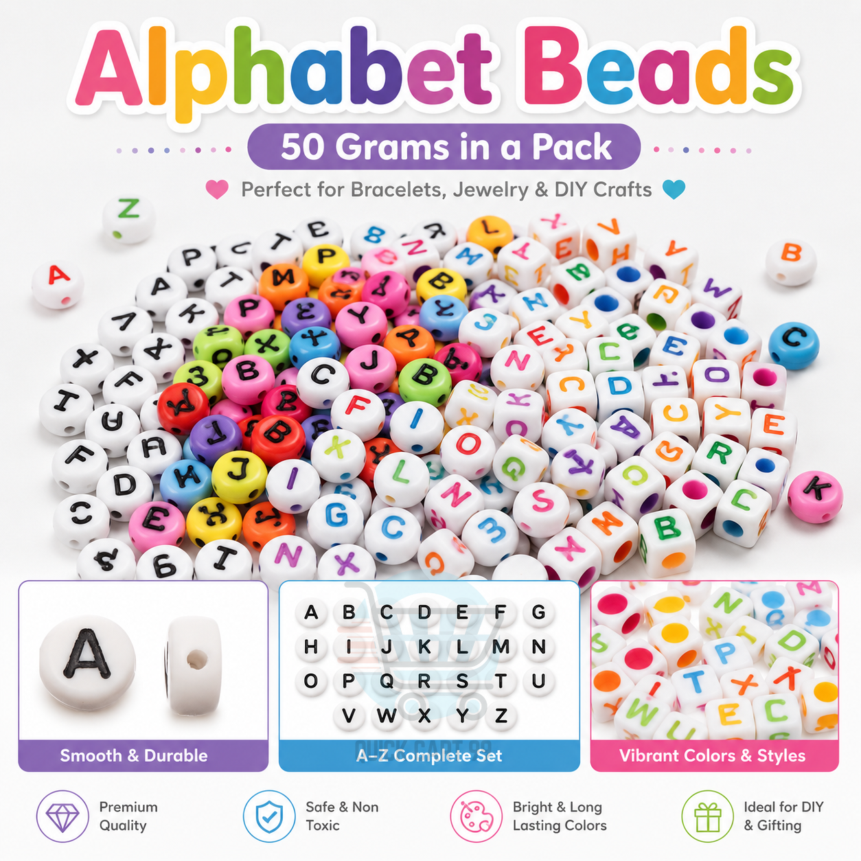 Alphabet Letter Beads Pack of 100 Mixed Colors & Designs for Name Bracelet, Necklace, Keychain, DIY Jewelry Making Crafts | Quick Cart 99