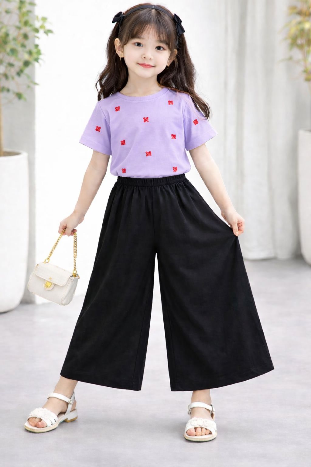 Printed Girls T-Shirt & Black Flapper Set  For Kids – Best for Eid Gift