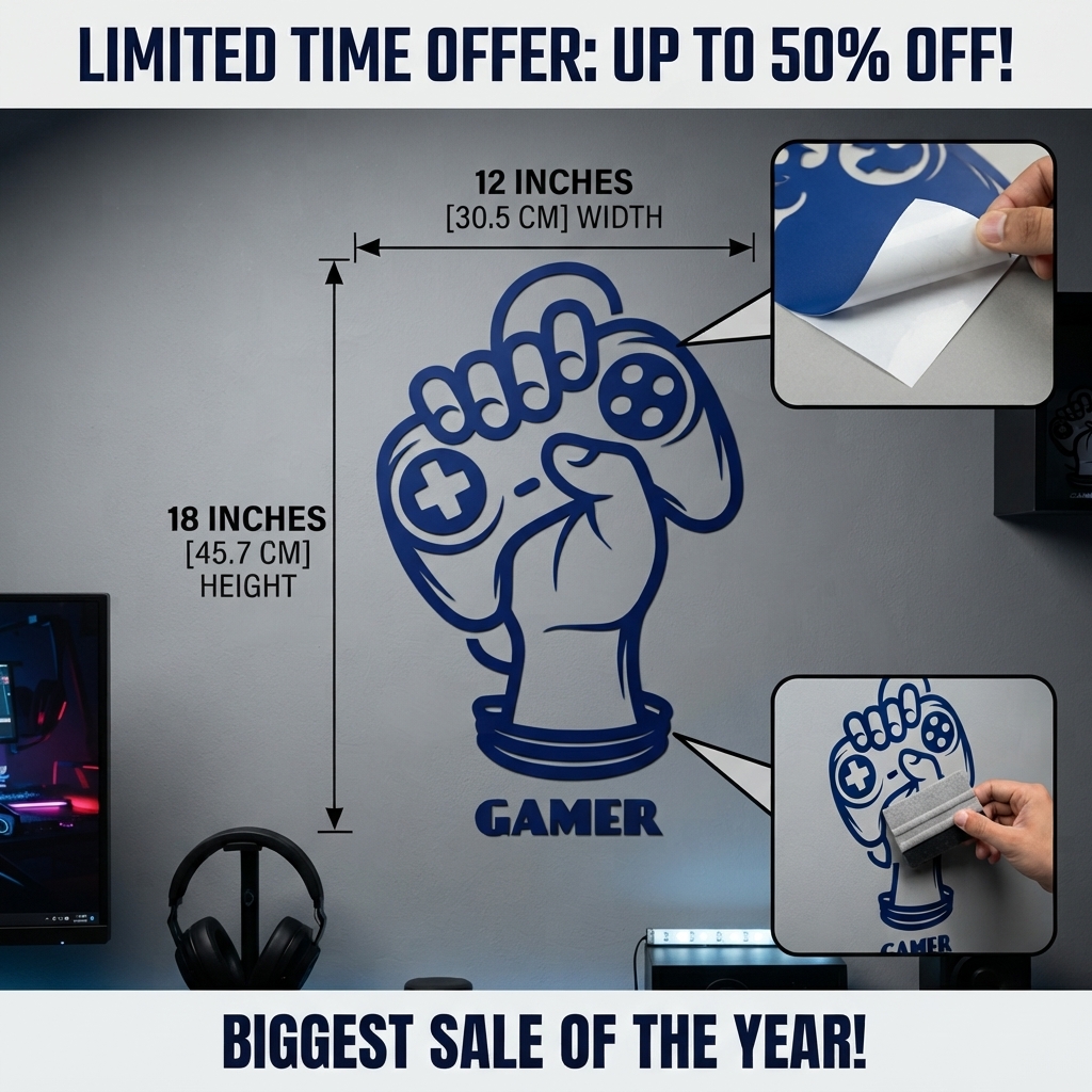 Gamer Hand with Console Wall Sticker PVC Vinyl Decal | Gaming Controller Wall Art | Gamer Room Bedroom Setup Decor | 12 x 18 Inch