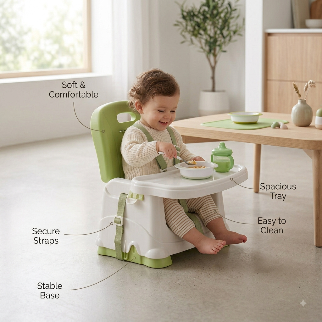 2-in-1 Baby High Chair – Foldable & Portable Feeding Chair for Kids with Adjustable Tray, Double Straps for Safety, Comfortable & Easy to Clean Booster Seat