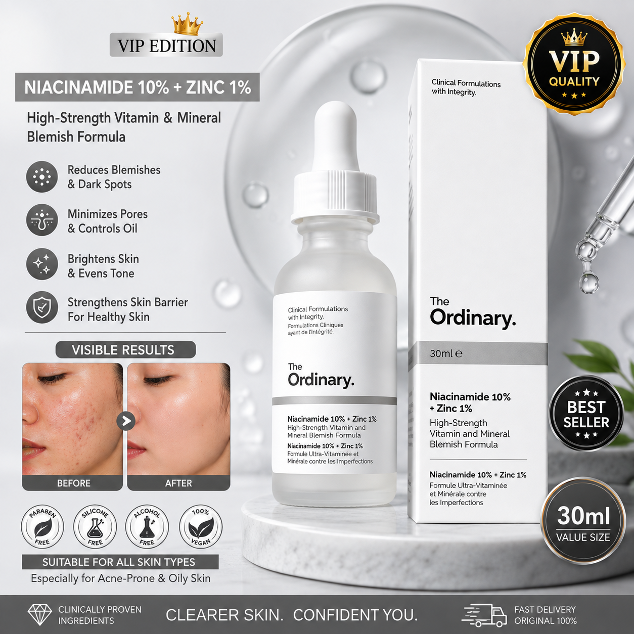 Special Offer Niacinamide 10% + Zinc 1% Serum | Oil Control, Whitening & Hydrating Essence | Brightening Moisturizer for Acne & Oily Skin | 30mL Each