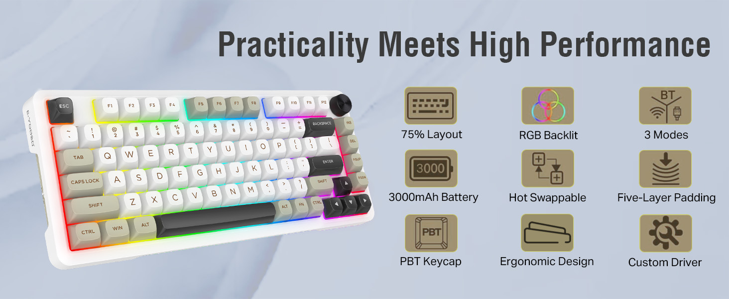 E-YOOSO Z-82 Tri-Mode Wireless 75% Gaming RGB Mechanical Keyboard Hot Swappable with Five-Layer Padding & Knob, Bluetooth/2.4GHz/USB-C, White Grey 18 b269fc19d198ddf367628b0076cd31d1
