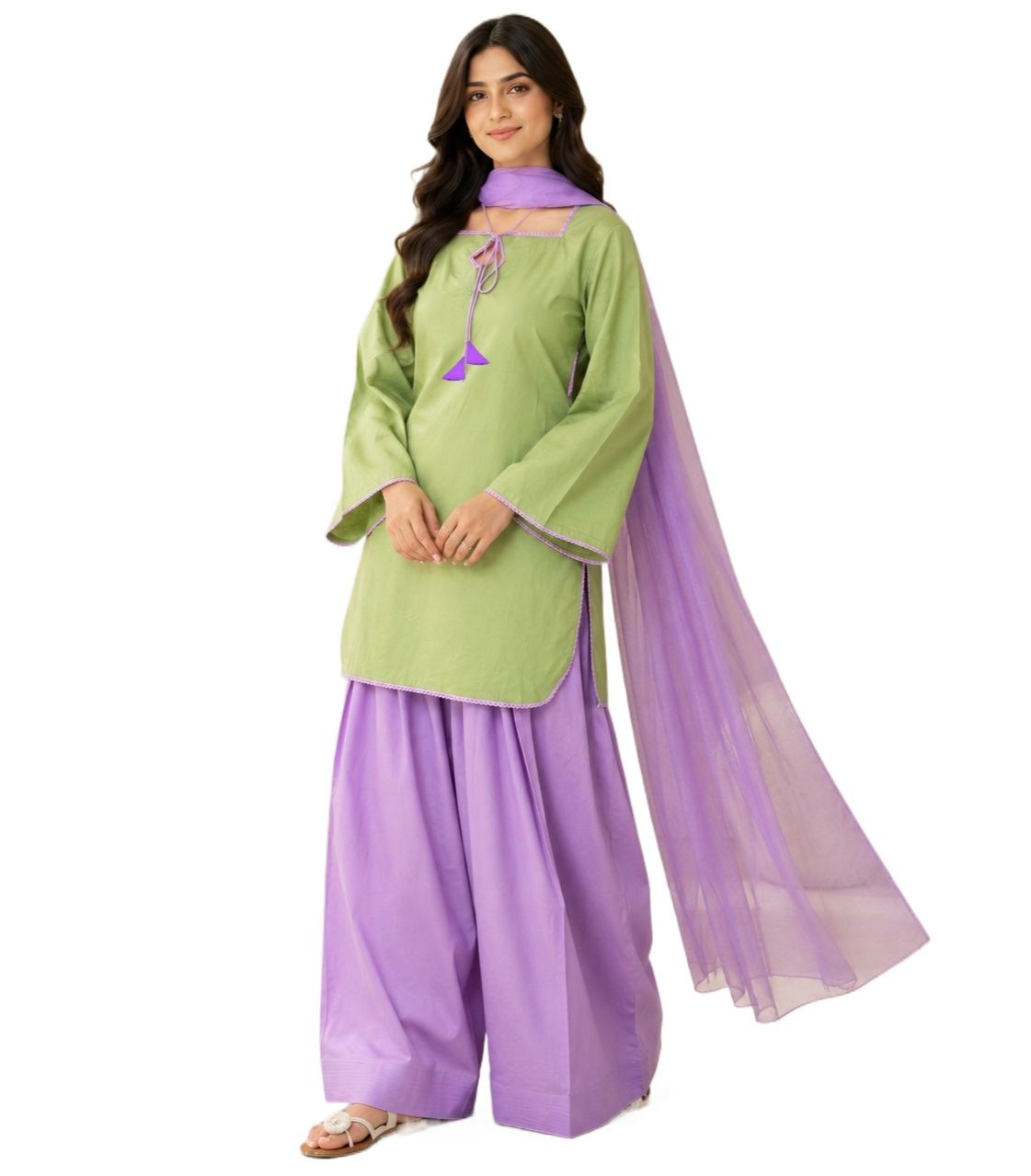 3 Piece Dress For Women - Farshi Shalwar Kameez - Dori Latkan Neck Sleeves Border Piping With Lace Work On Shirt With Purple Farshi Shalwar & Duppatta - Ready Made - Party Wear 3 Piece Suit - Women & Girls