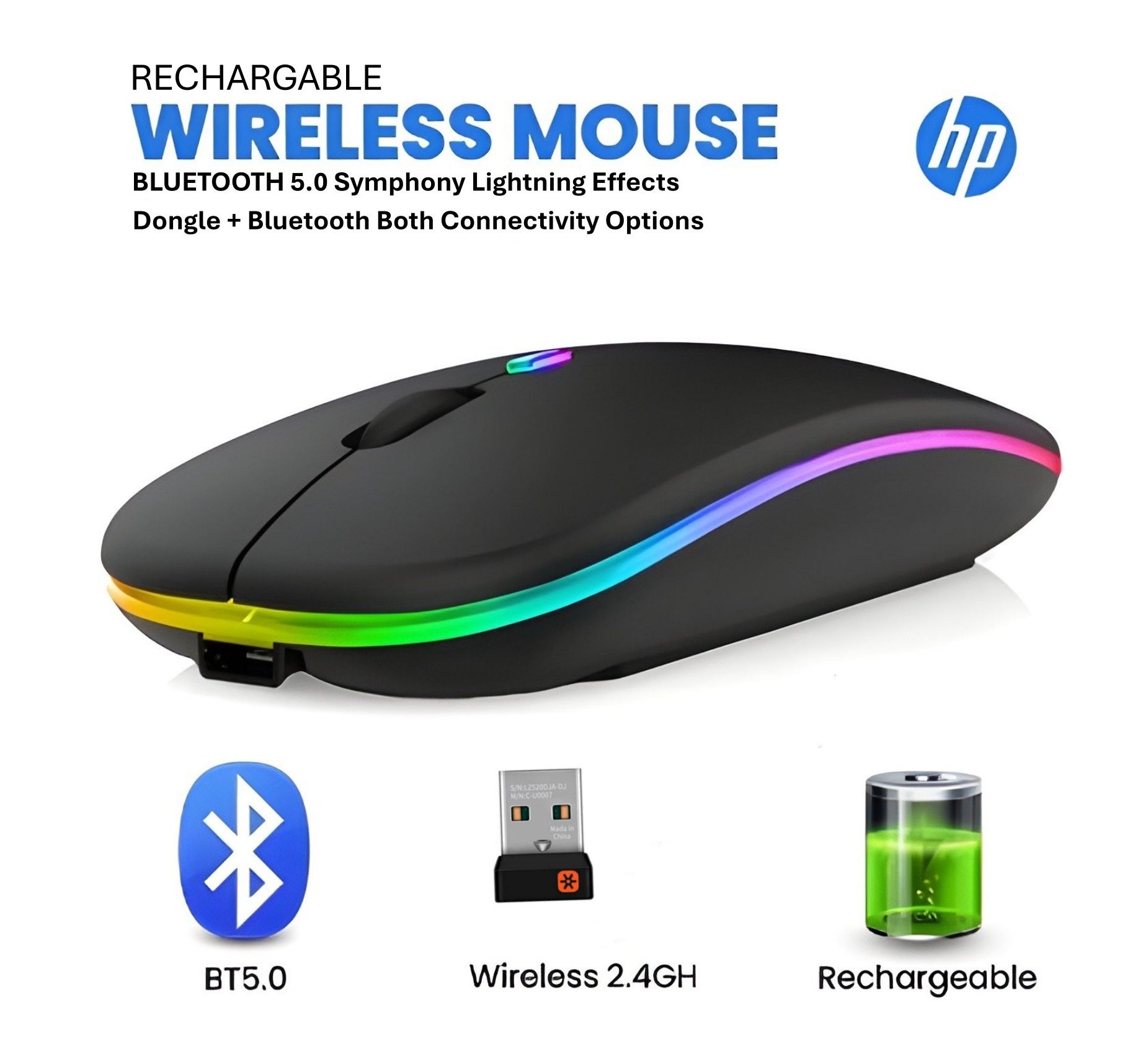 Rechargeable Wireless Mouse for Laptop Type C Adapter, 2.4GHZ Bluetooth and Dongle both Options, Computer Mouse Wireless with 800 To 2400 DPI, Silent Click, RGB Ligts, Slim Wireless Mouse With 3 Buttons