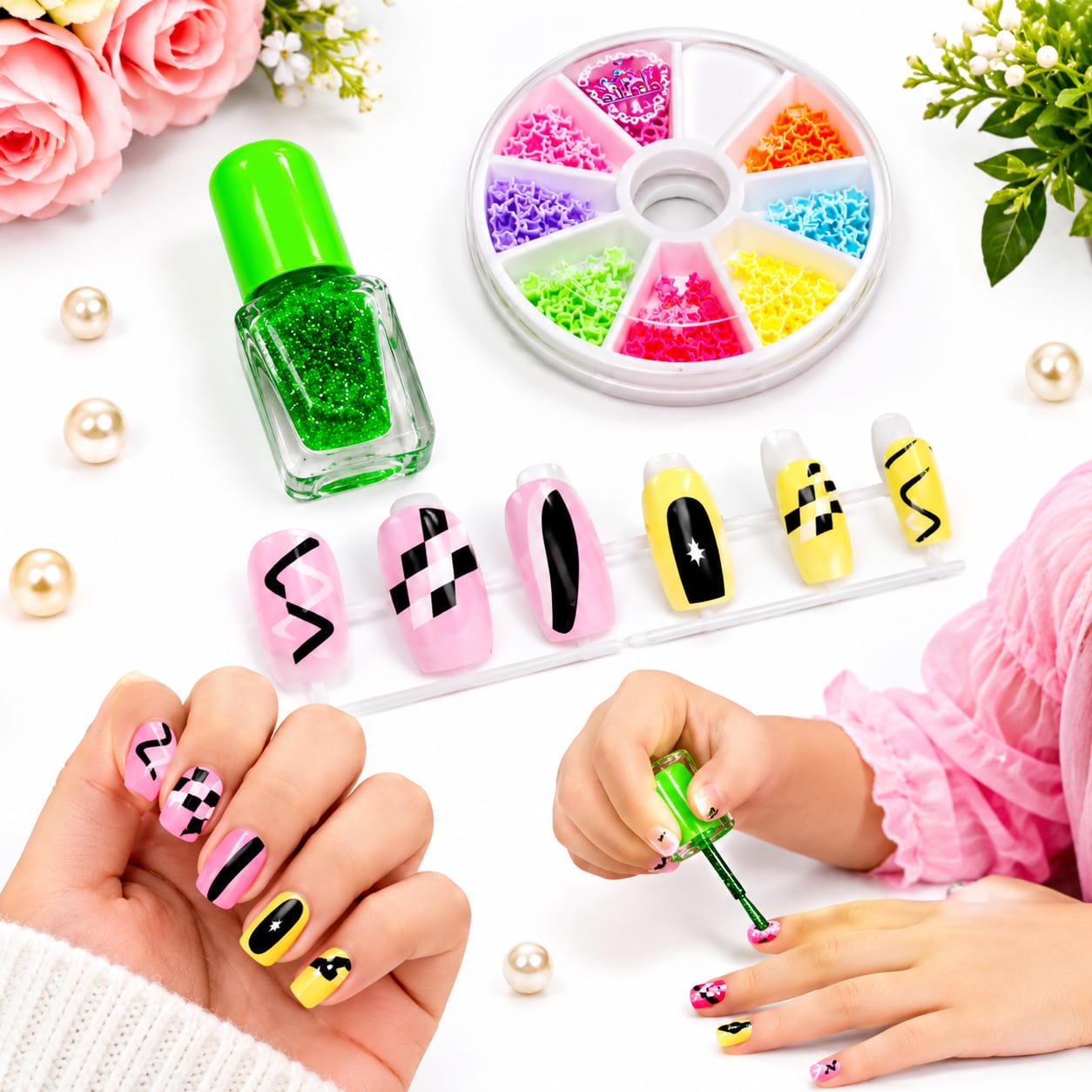 Kids Princess DIY Nail Art Kit with Colorful Nail Stickers, Press-On Nails, Glitter Glue & Decorative Charms – Creative Manicure Toy Set for Girls