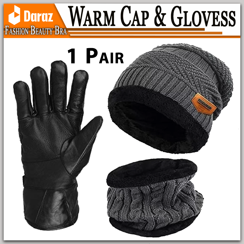 Leather Snow Proof Winter Gloves, Stylish Winter Hats, Men And Women's Hot Knitted Caps, and Neck Warmer Mask 2 in 1 Scarf