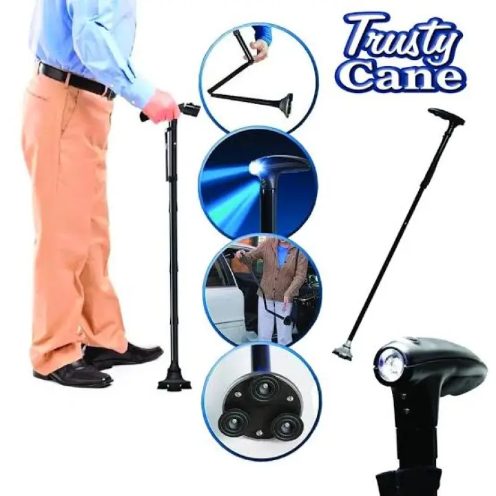 Trusty Cane Sturdy Folding Walking Triple Head With Built in Lights