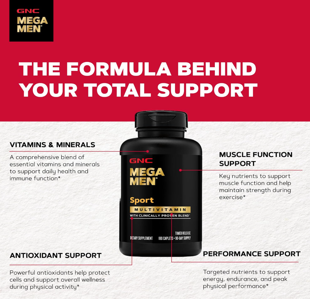 GNC Mega Men Sport Multivitamin for Men | Performance, Muscle Function, and General Health | 180 Count | Clinically Shown to Boost Nutrient Levels and Mental Wellbeing, with BCAAs and Carnitine for Muscle Performance and Energy