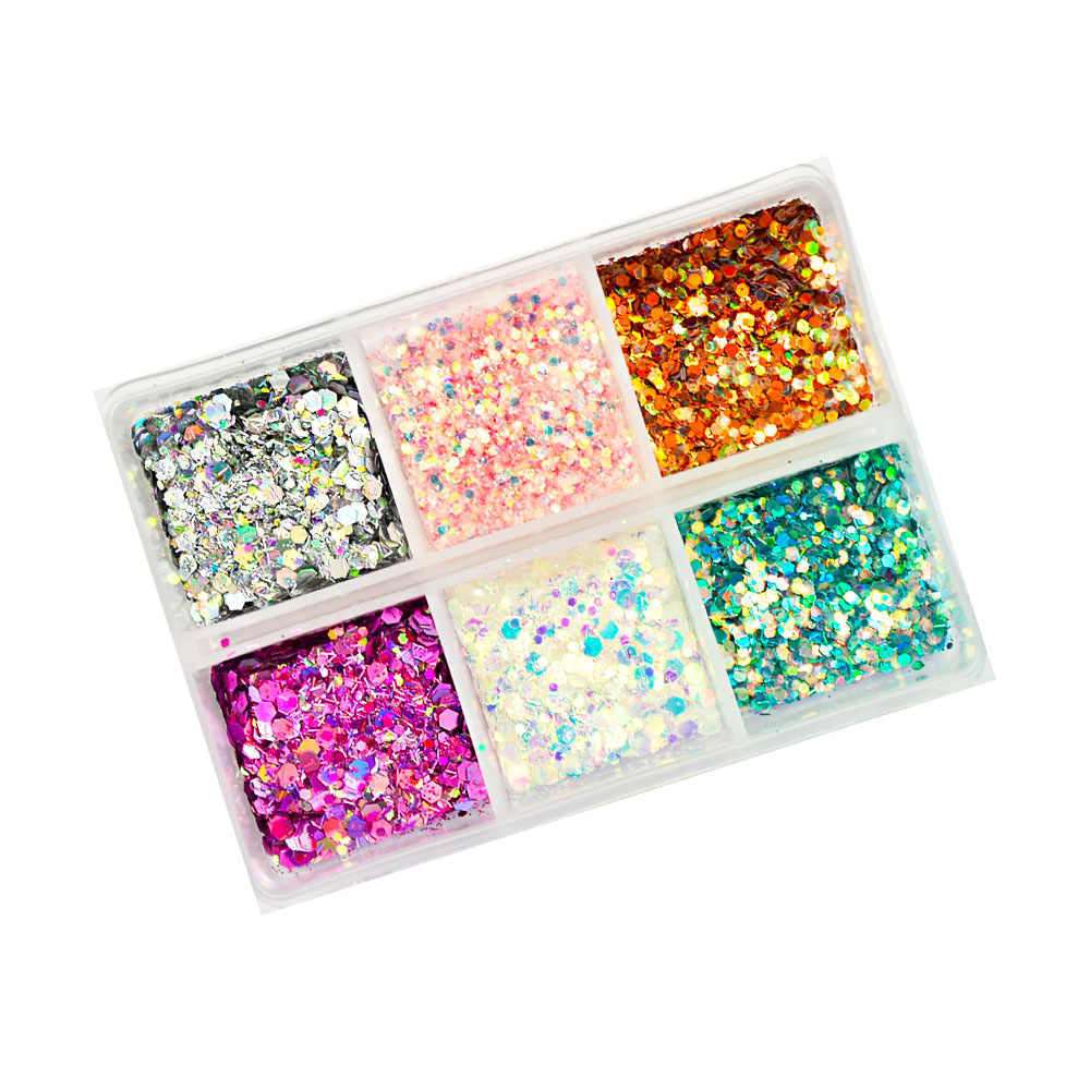 6 boxes/setvLaser Mixed Nail Glitter Powder Sequins Shinning Colorful Nail Flakes 3d Charm Dust For Nail Art Decorations