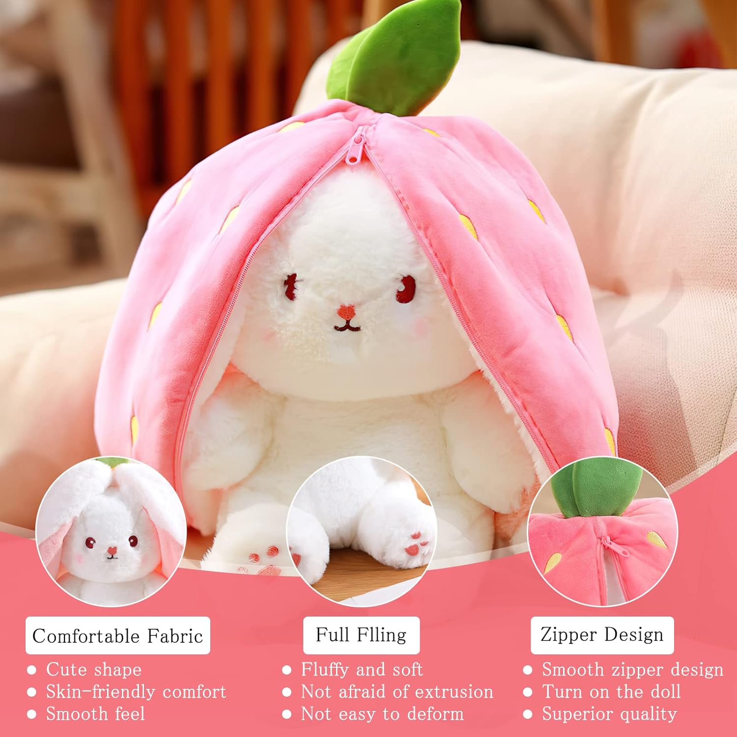 Rabbit Hide Hide, Strawberry Bunny Cushion Plush Toy, Easter Bunny Stuffed Plush Toy Rabbit, Rabbit Doll, Rabbit Plush Toy, Wrapped in Strawberry Gifts, 18 cm High (Rabbit)