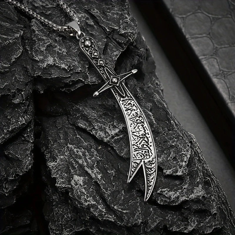 Zulfiqar Sword Pendant Necklace for Men – Silver, Islamic Calligraphy Stainless Steel, Hazrat Ali Sword Locket, Adjustable Chain, Eid Gift, Protective Amulet