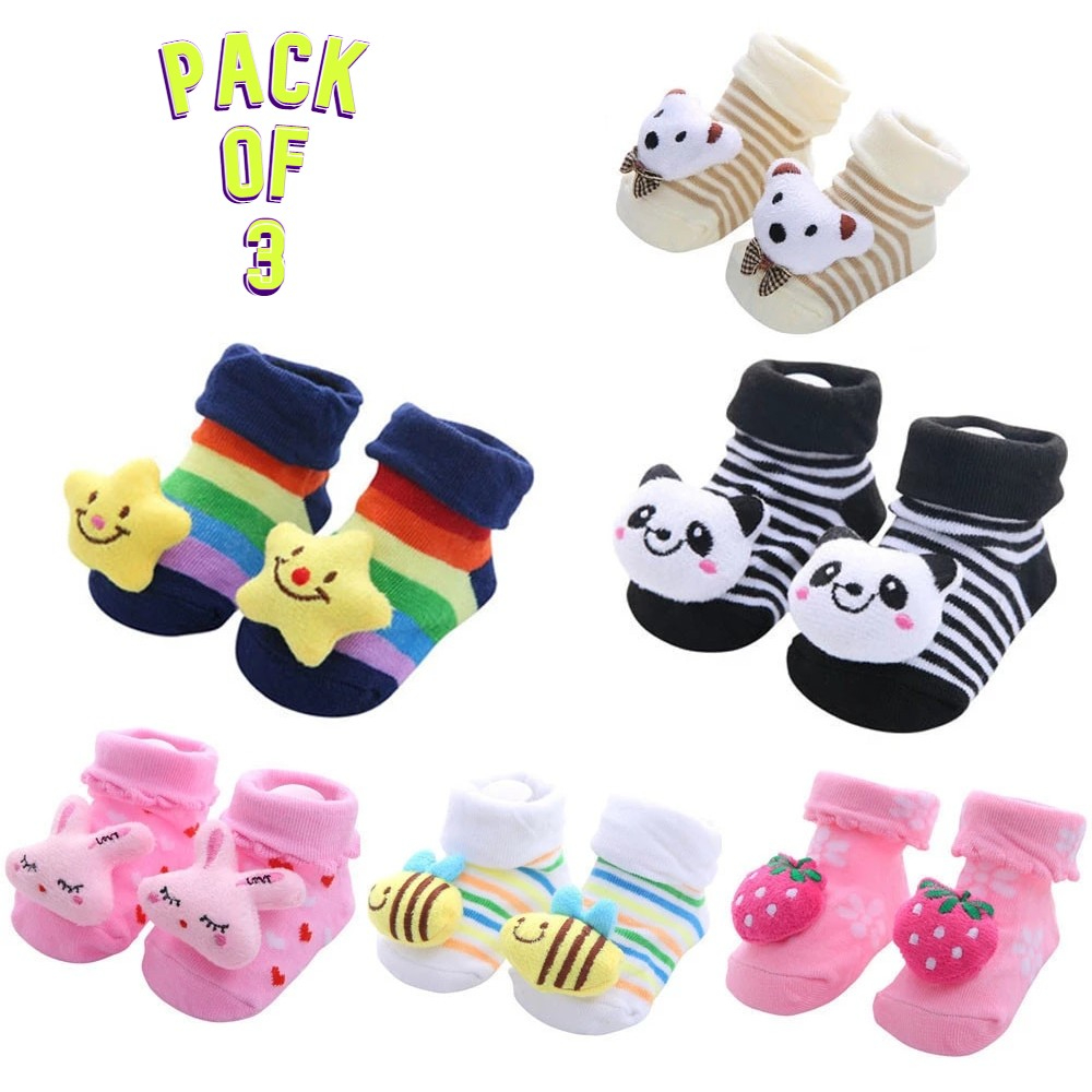 Pack of 3 Newborn Baby Booties 2 in 1 Socks Shoes / kids Toddlers Booties infant 0 - 3 month - Multicolor