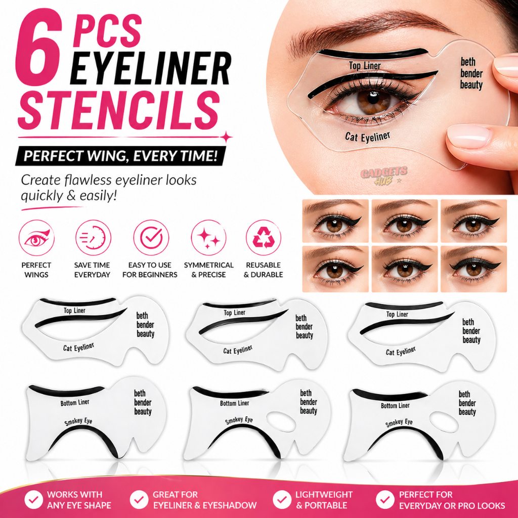 6Pcs Eyeliner Stencils Set – Cat Eye Winged Eyeliner Stencil Tool | Reusable Adhesive Eyeliner Guide Sticker | Smokey Eye, Bottom Line & Perfect Wing Shape Makeup Tool for Beginners & Professionals