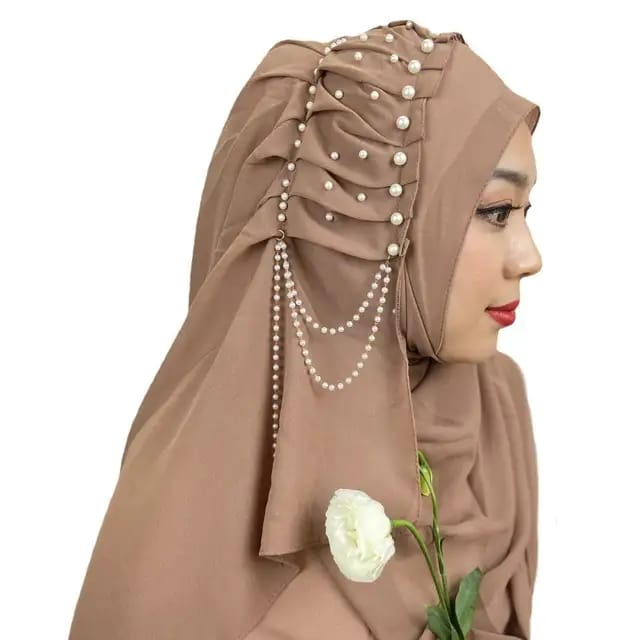 Fancy Hijabs Beaded Tassel Hijab For Girls Solid Color Arab Women Shiny Soft Easy to Wear Turkish Head Wrap Scarf