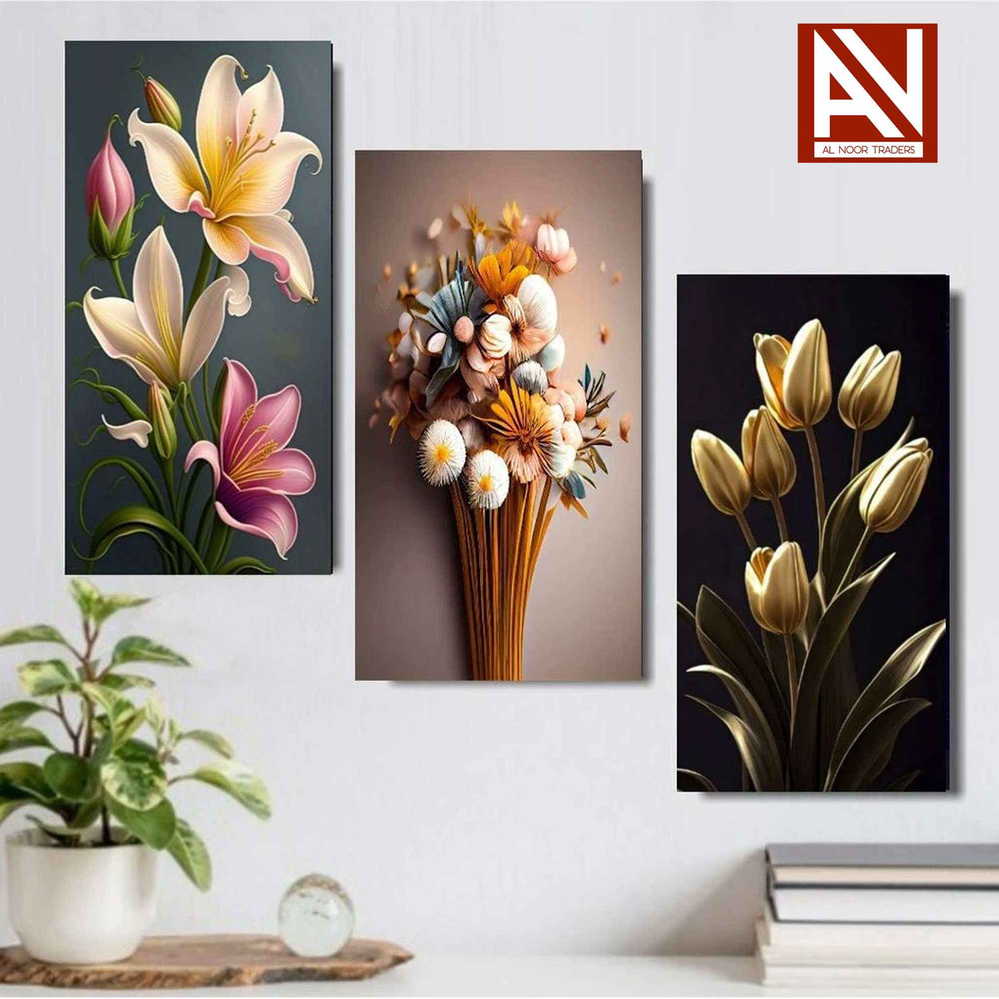 3 Pcs Wooden Canvas with sticky Paintings - AESTHETIC REALISTIC FLOWER WALL DECORATION - Wall Decoration Items | Home Decoration Items | Room Decor | wall paintings for bedroom - Al Noor Traders Wooden Wall Art - Gift Pcs