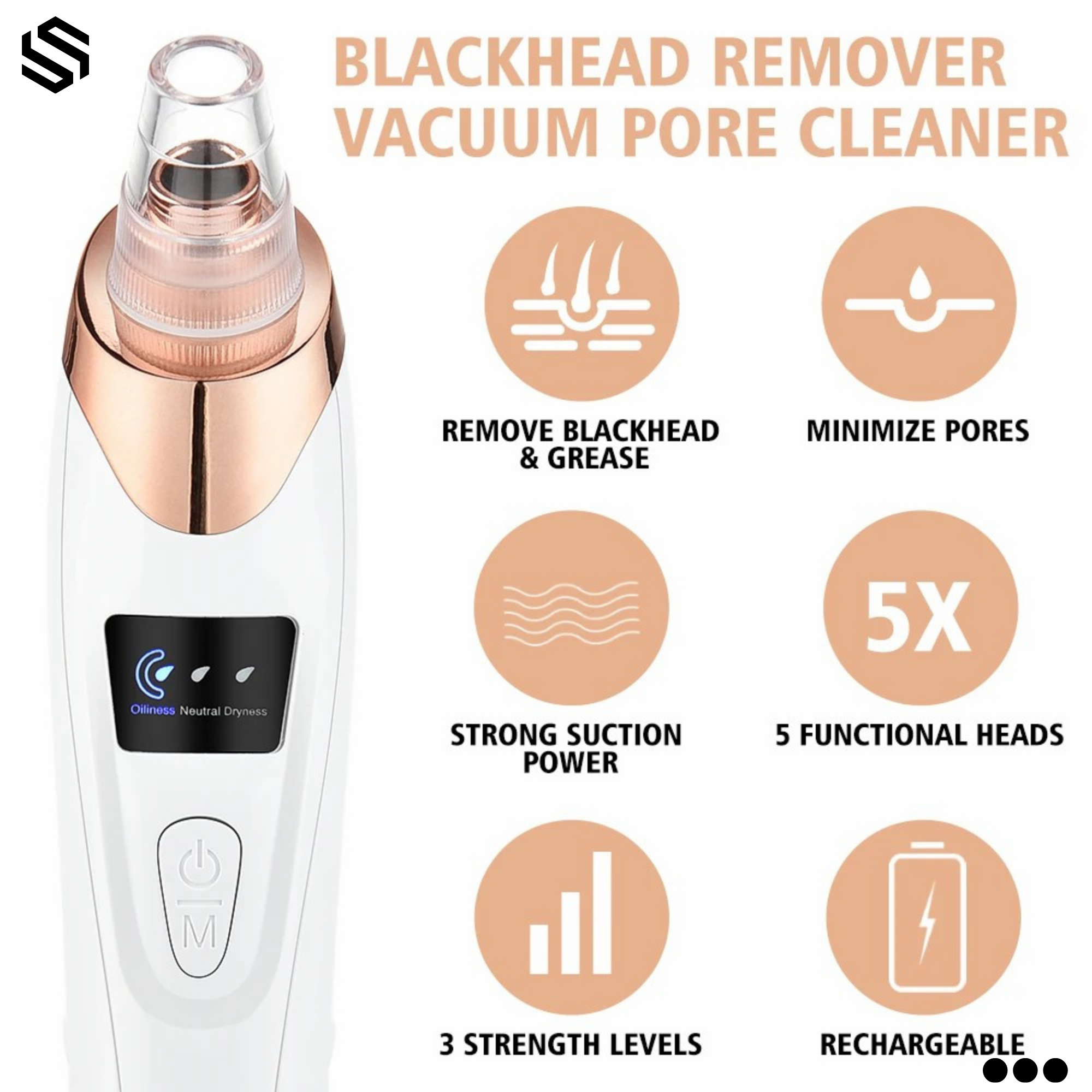 Multifunctional Blackhead Remover & Pore Cleaner – Electric Vacuum Suction Facial Cleaning Instrument – Rechargeable Skin Care Tool for Deep Cleansing & Exfoliation