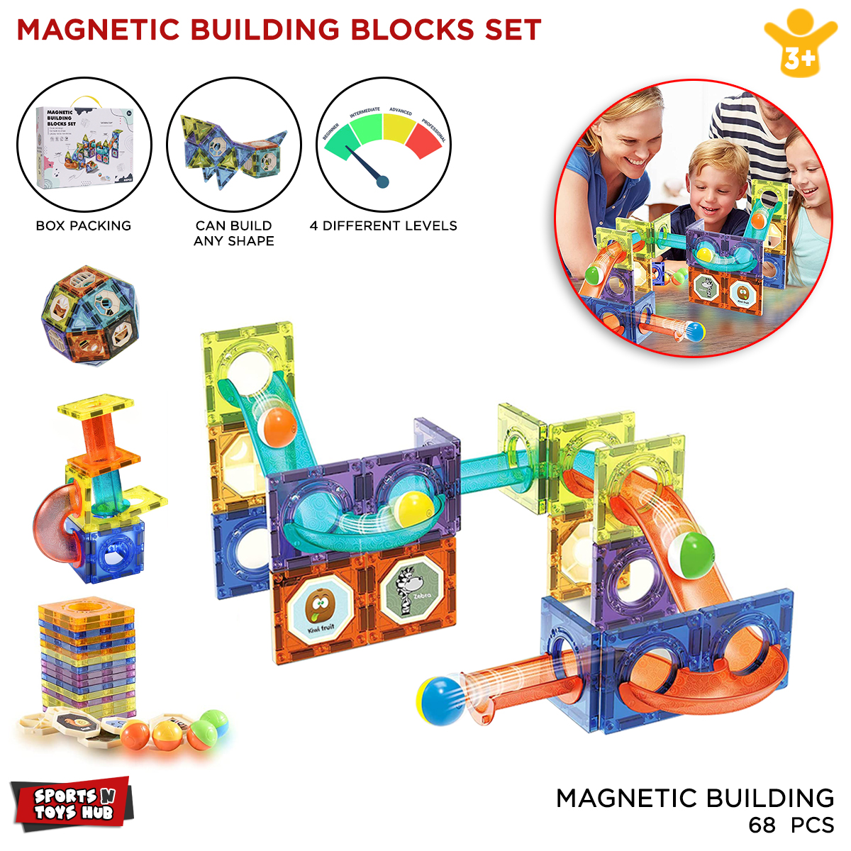Magnetic Tiles Marble Run For Kids, 3D Clear Color Magnetic Building Blocks Set 68 Pcs, Building Blocks Set Race Track Toy Construction Kit Castle Building Blocks For Toddlers Educational STEM Toys Building Set Gift For Kids Ages 3 and Above