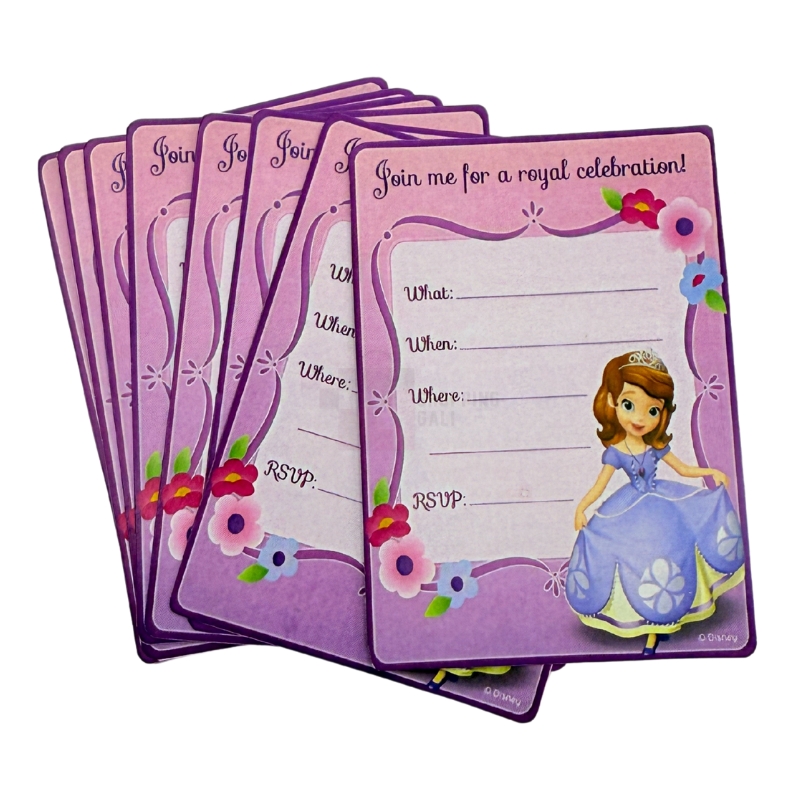 Princess Sofia Invitation Cards - 4 Inch By 3 Inch - Princess Themed Party  - Purple - Girls - Pack Of 8 | Daraz.pk