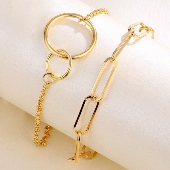 2Pcs/Set Vintage Bohemian Chain for Women Girls Chunky Chain Double Ring Pendant Bracelet Jewelry