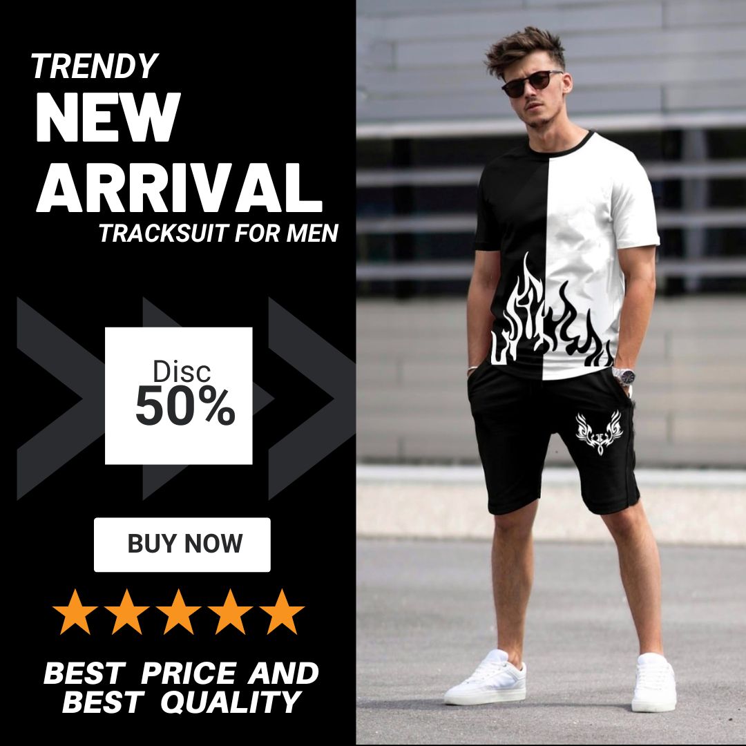 TRACKSUIT - Black & White Fire Printed Tracksuit For Men & Boys - T Shirt & Short Printed Tracksuit