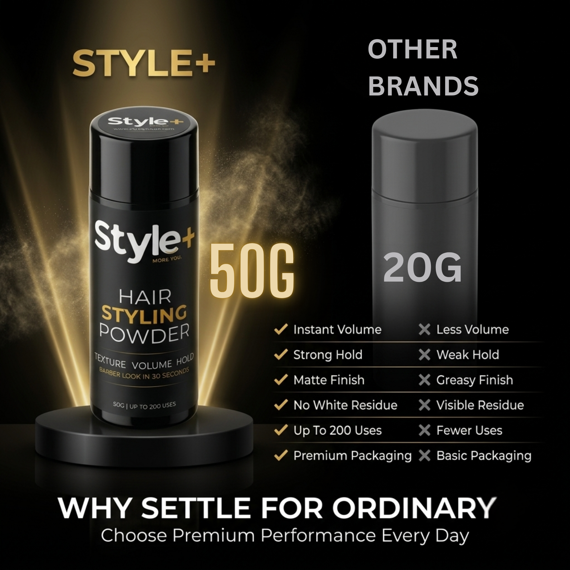 Style+ Hair Styling Powder 50g - Instant Volume, Matte Finish, Strong Hold, Hair Texture Powder - Up to 200 Uses