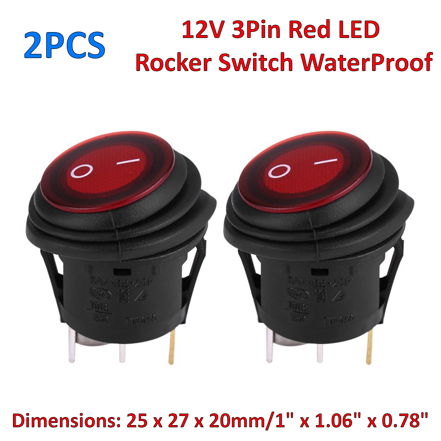 2PCS 12V 3Pin Red LED Rocker Switches, Round Button Rocker Toggle Switch OnOff SPDT Snap Waterproof for Car Auto Boat Truck