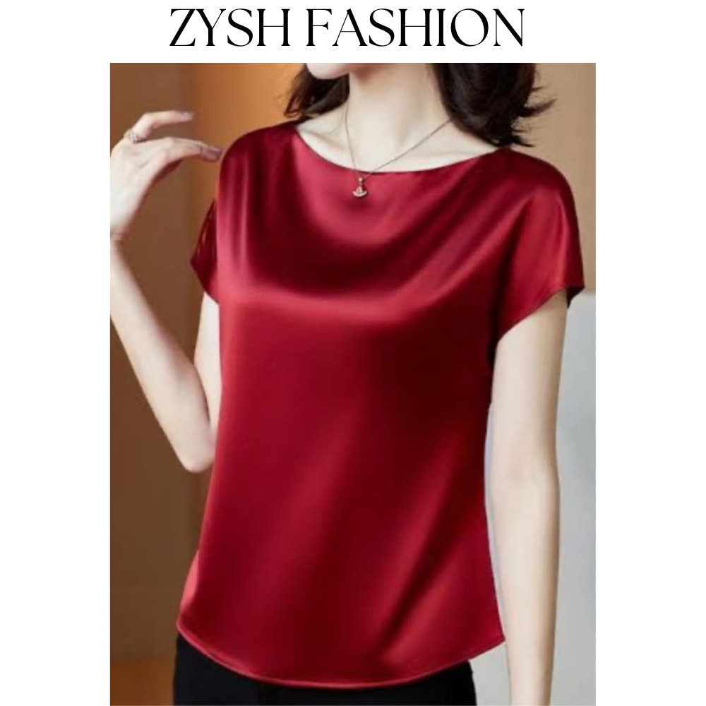 ZYSH FASHION Office Lady Tops Summer Short Sleeve O-Neck Blouses Satin Blouse Women Shirts Simple Solid Casual Loose Shirt Women Autumn Shirt Vintage Satin Blouse Long Sleeve Button Down Silky Shirt Work Office Top Ladies Casual Shirt