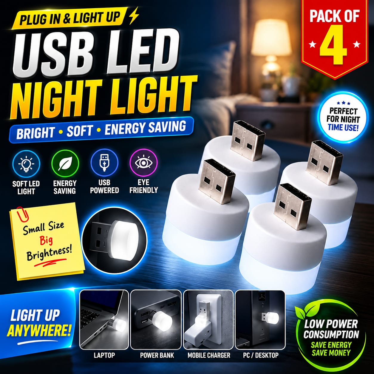 USB Mini LED Night Bulb – Compact Plug & Play USB Light for Laptops, Power Banks, and Mobile Devices | Energy-Efficient White LED Night Lamp for Travel, Study, Emergency