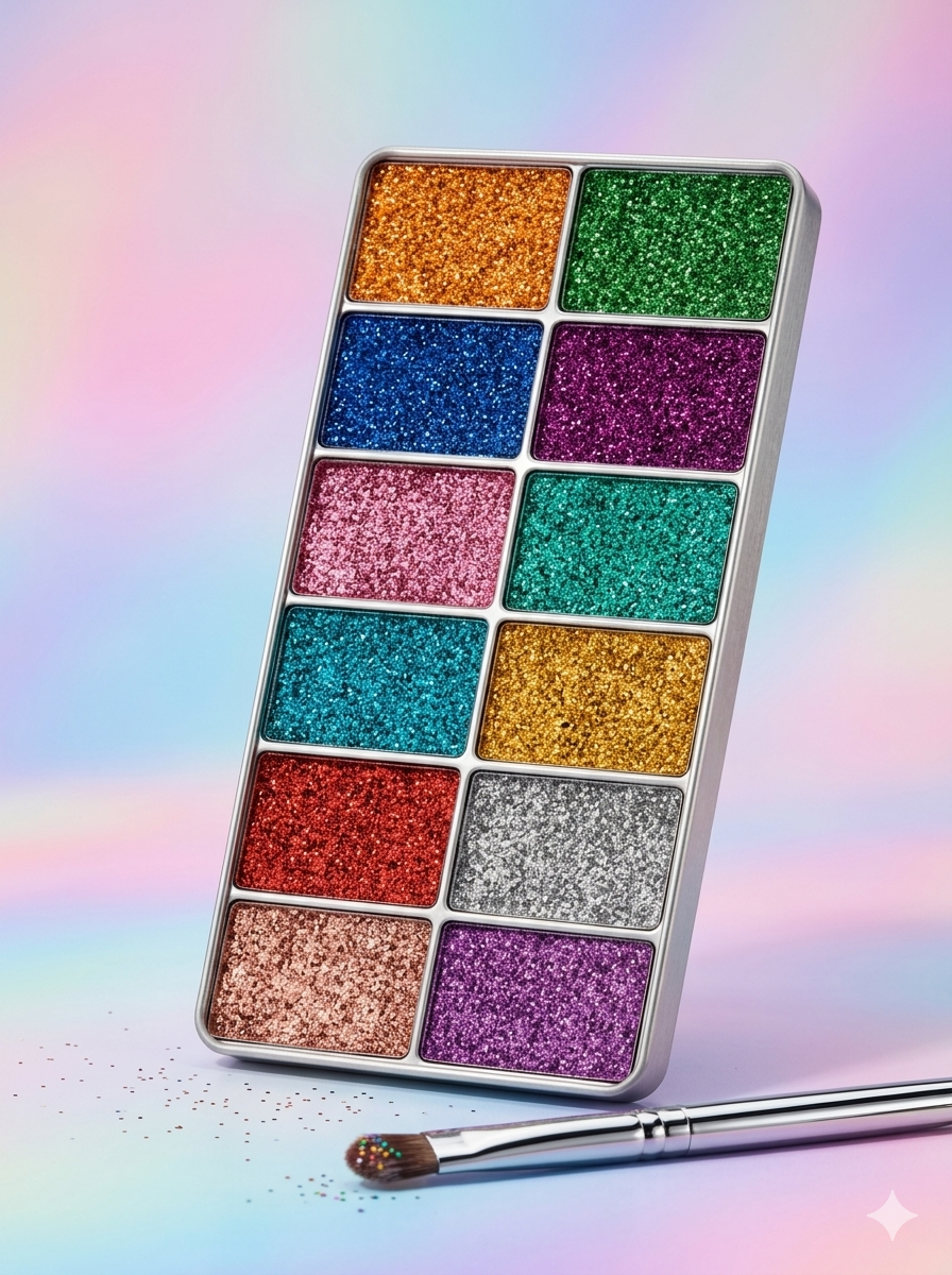 12 Color Professional Glitter Eyeshadow Palette with free brush - Multi-Use Cosmetic Glitter for Eyes, Lips, Nails & Body - Long Lasting High Shine Sparkle Makeup Kit
