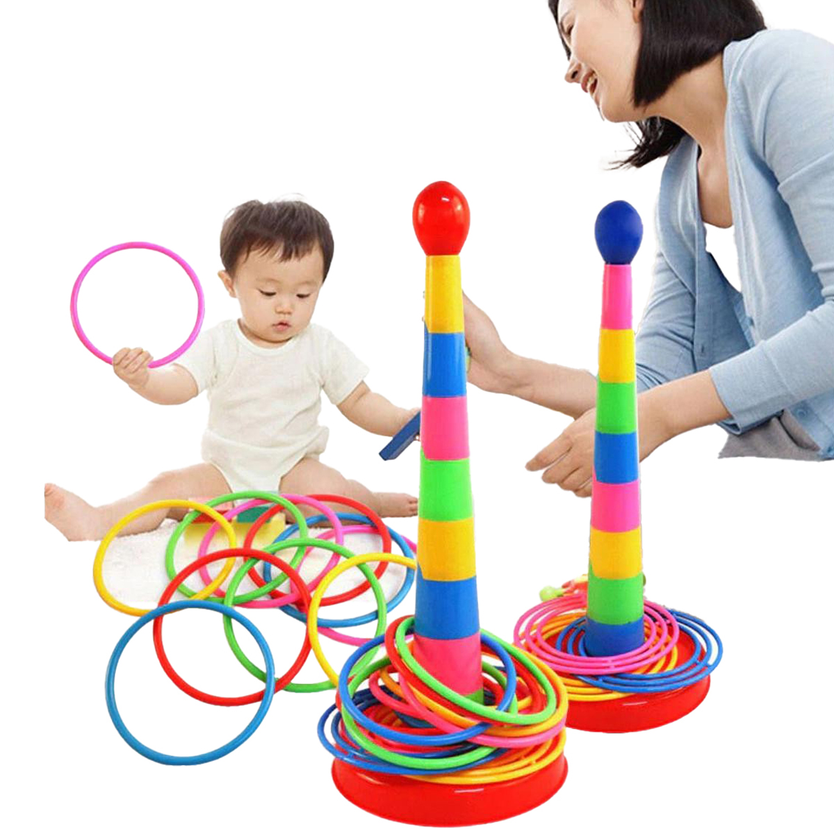 Ring Toss Game For Kids  With 18 inch Stand Floatable Rings Multicolored Durable Plastic Rings Competitive Tossing Game for Kids and Adults