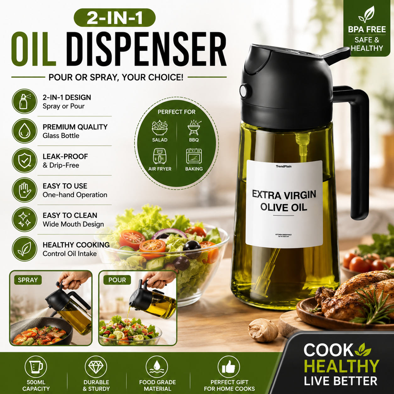 The ShopMore -  470ml Kitchen Glass Oil Sprayer Bottle - 2in1 Olive Oil Dispenser - Oil Jar Cruet - Anti-leakage Spray - Kitchen Baking, Roasting, Cooking Tool
