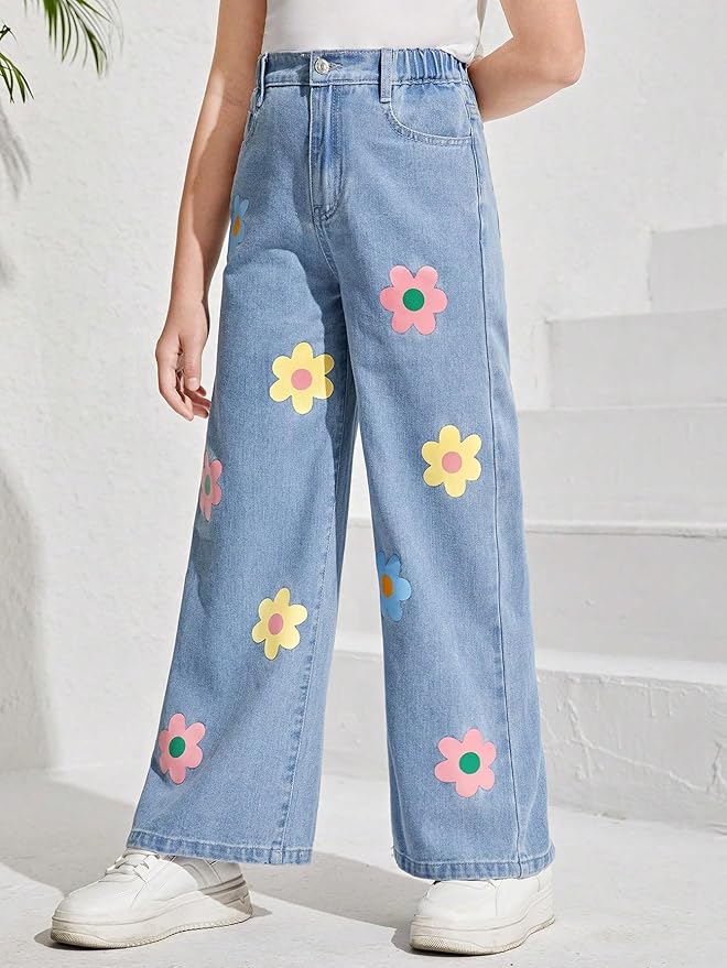 HER'TESORO Flowers Print Wide Leg Jeans For Women