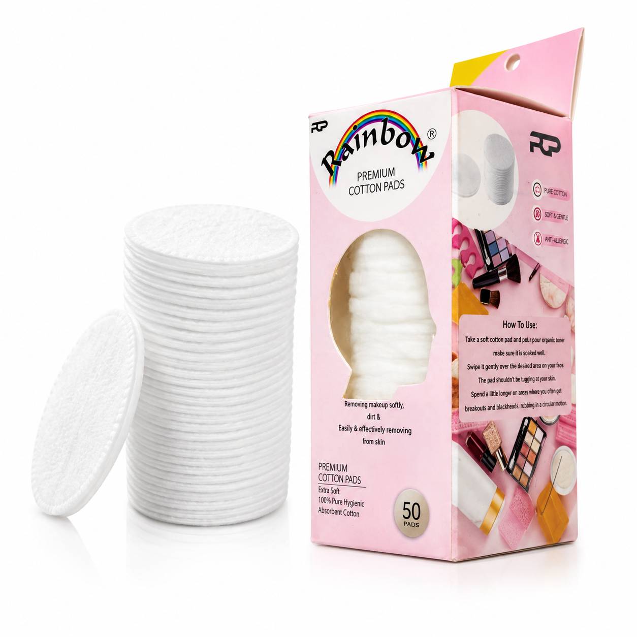 Rainbow 50 PCS Cotton Pads / Pack of 2 | Lavender Face Toner + 50 Pcs Cotton Pads | Daily Skincare Deal | Refreshing & Gentle– Soft & Gentle Makeup Remover Pads for Daily Skincare for girls woman