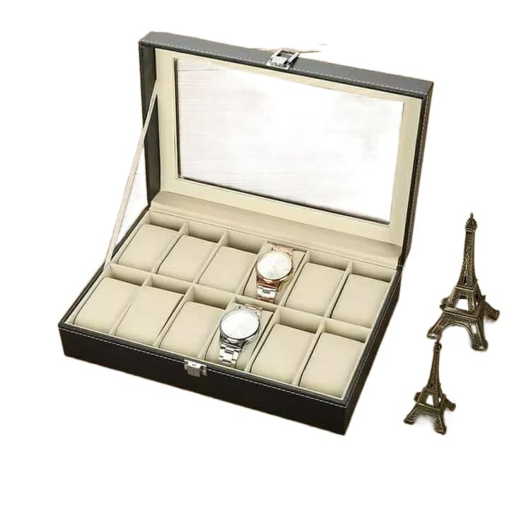 Myle Cart Watch Storage Organizer Box 3/6/10/12 Grids PU Leather Display Case for Watches & Jewelry, Black
