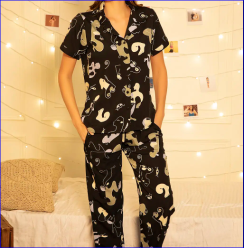 Abstract Print Button Down Shirt & Pyjama Set in Black