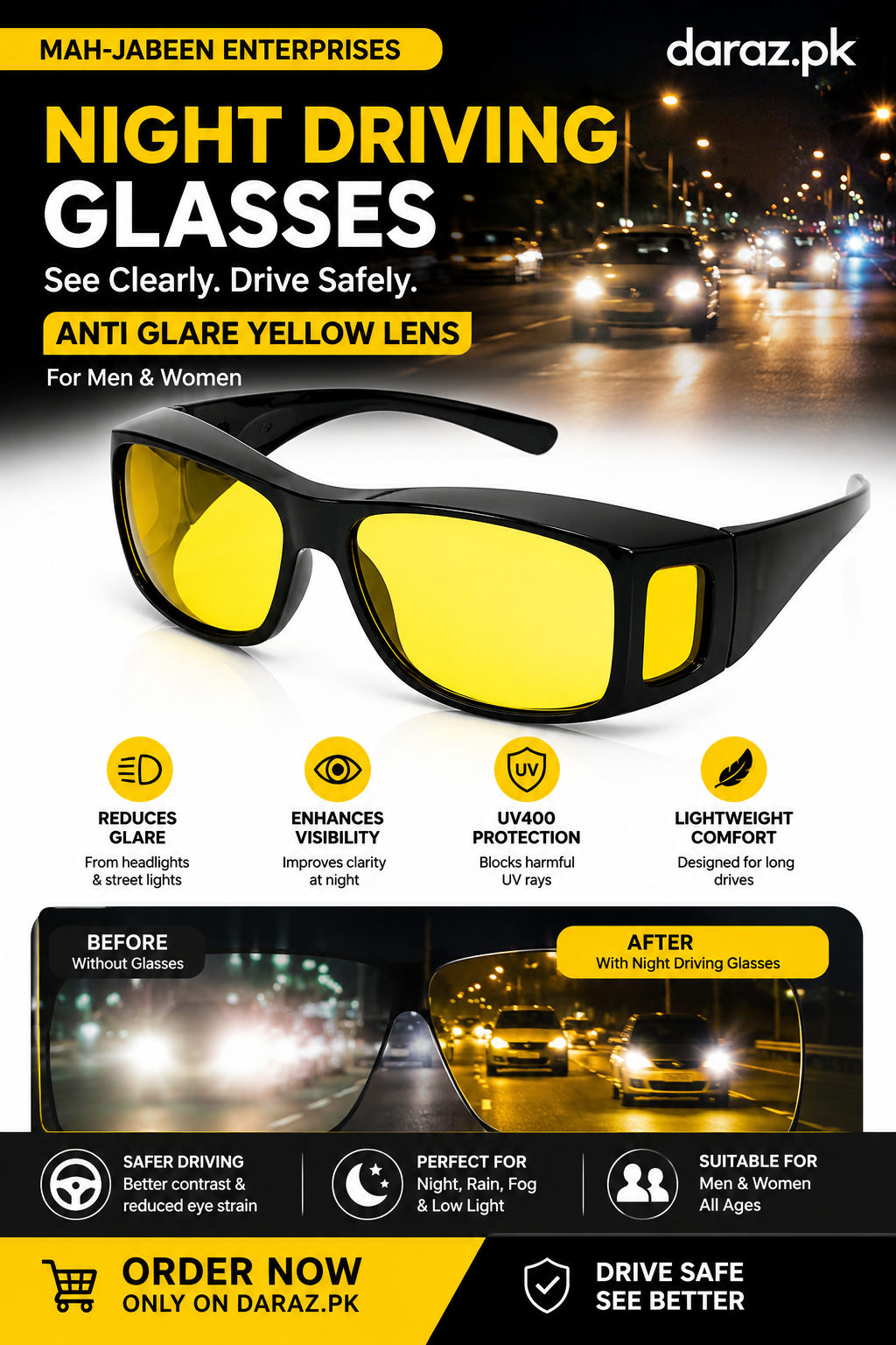 Night Driving Glasses Anti Glare Yellow Lens HD Vision Driver Goggles for Men Women UV Protection