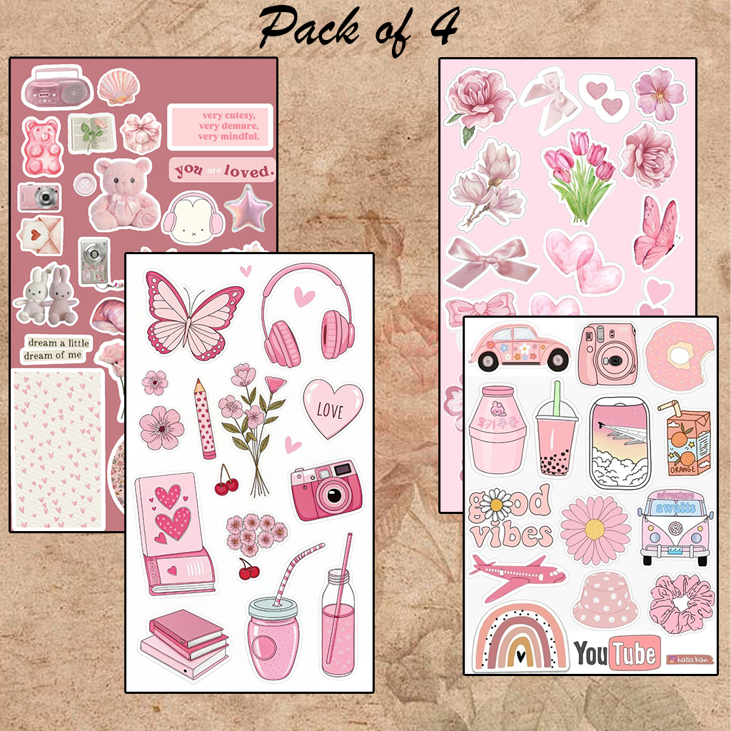 Pack of 4 Pink Aesthetic Sticker Sheets for Girls – Uncut A6 15×10cm PVC Journal, Scrapbook, Planner & DIY Craft Stickers