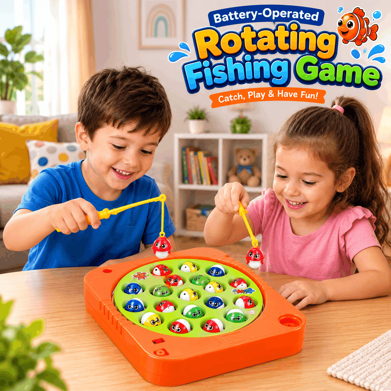 Battery Operated Rotating Fishing Game Toy for Kids & Toddlers | 15 Fish Catching Game with Fishing Rods