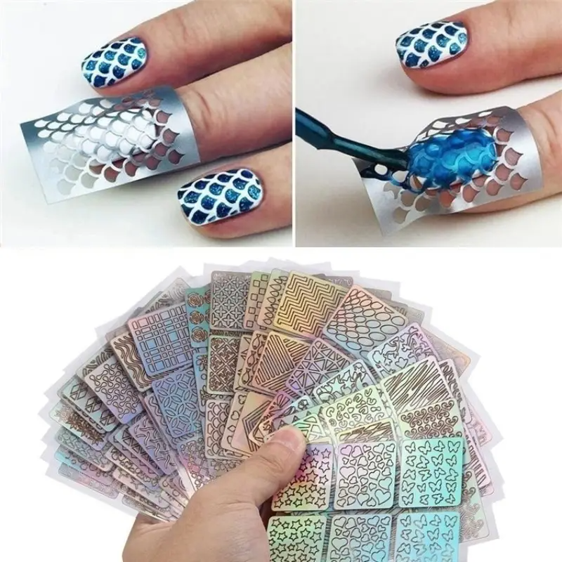 24-Sheet Laser Effect Nail Art Vinyl Set | Hollow 3D Sticker Stencils for Stars, Hearts, Grids & French Tip Nail Designs – DIY Nail Kit