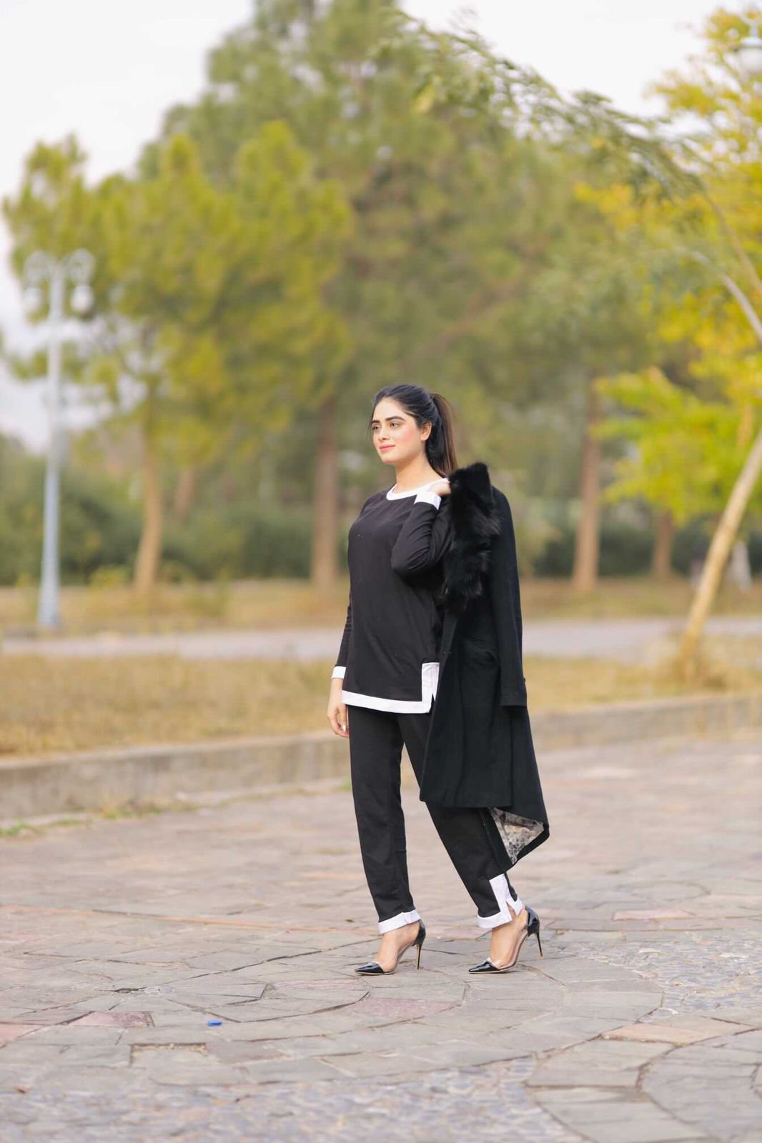 Black Round Neck With Flapper Style Night Suit For Women