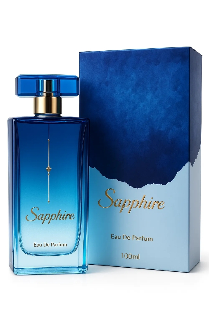 Elegant Saphire Blue Eau De Parfum 100ml | Luxurious Long-Lasting Fragrance for Men & Women | Fresh Aquatic & Woody Scent with Floral Hints | Deep Blue Gradient Glass Bottle with Gold Detailing | Prem