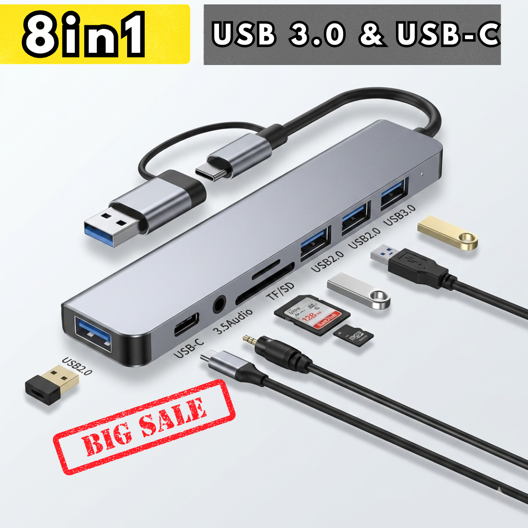 8 in 1 USB-C Hub Multiport Adapter – USB C to USB 3.0, USB 2.0, TF/SD Card Reader, Audio Port & Power LED Indicator for Laptop, Mobile, MacBok & PC by Panorama