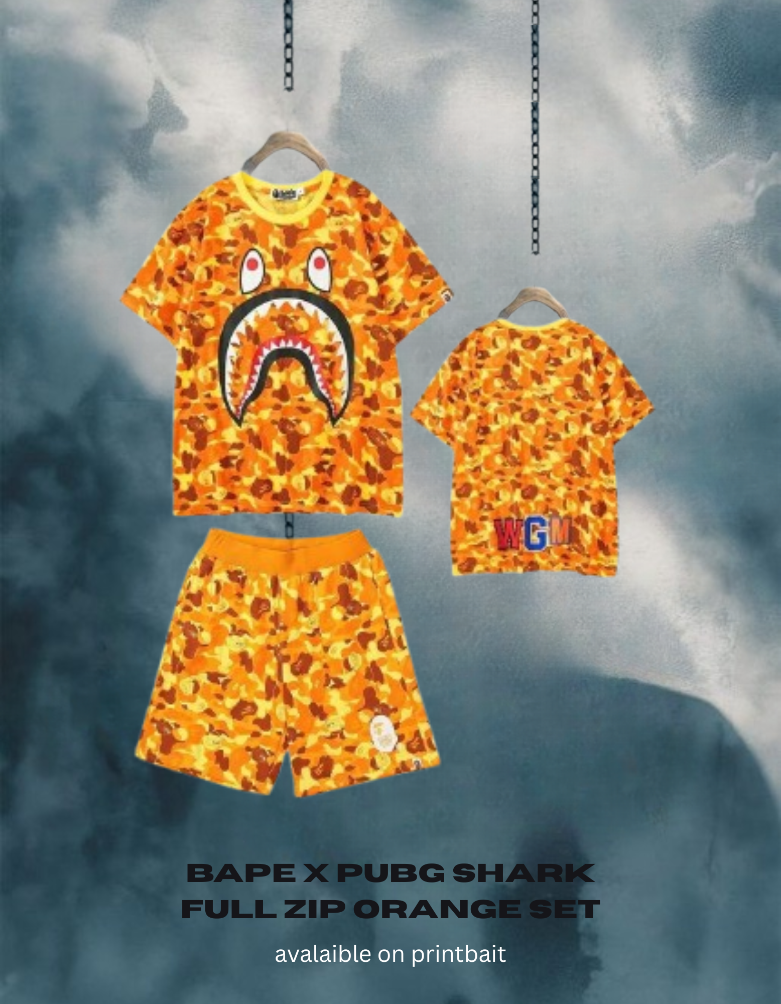 Bape Set Pubg Bape X PUBG Camouflage Shark Hoodie Yellow/Orange