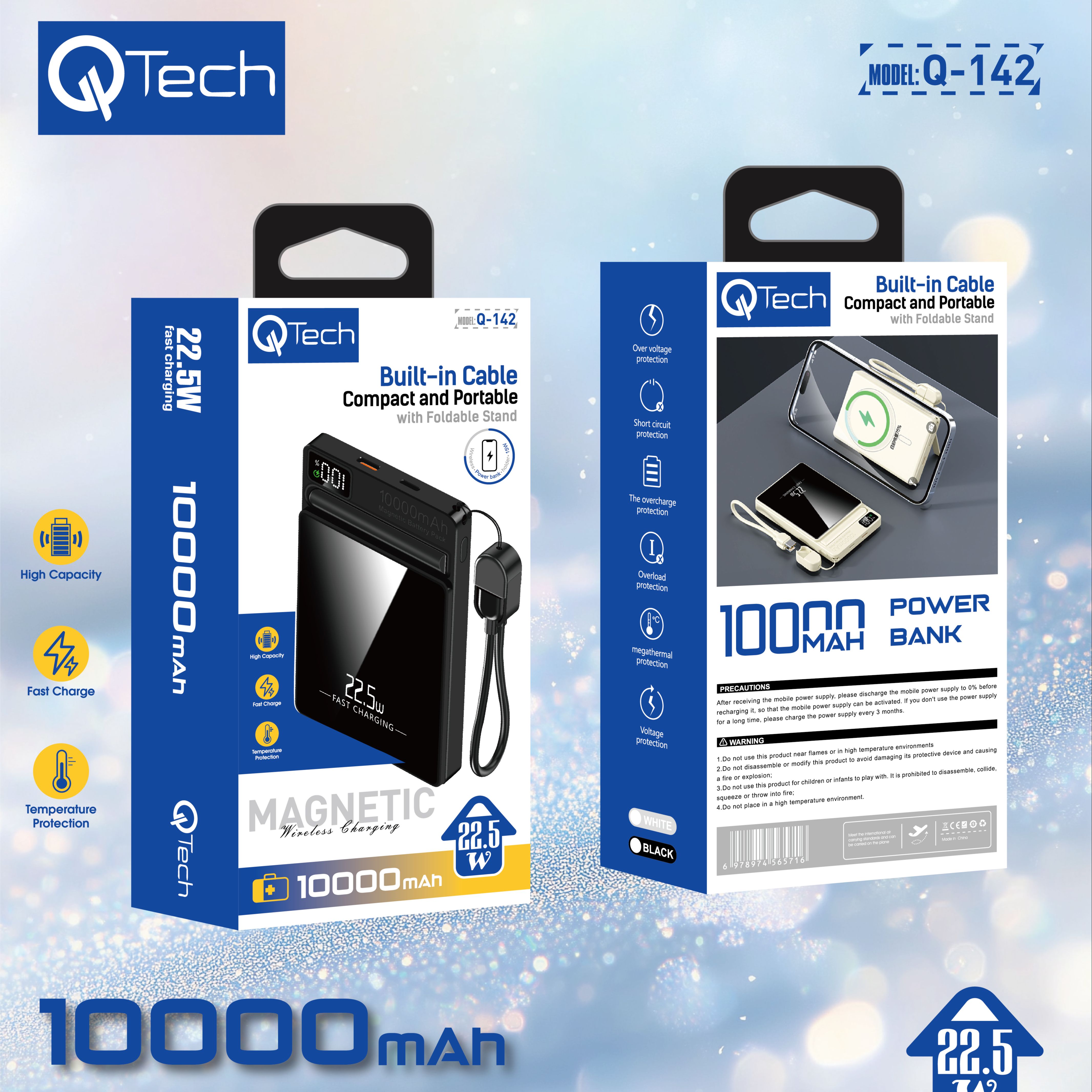 Qtech Q142 Power Bank 10000mAh Wireless Fast Charging | Magnetic 15W + 22.5W Wired | Built-in Stand Portable Charger for ios Android