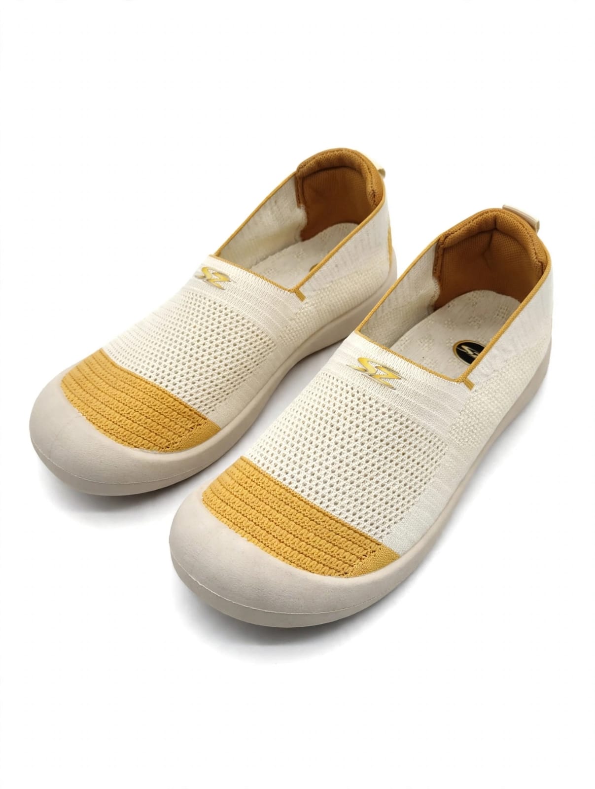 SHAZ FOOTWEAR Women's White & Mustard Slip-On Walking Shoes - Lightweight Breathable Comfort Loafers for Ladies
