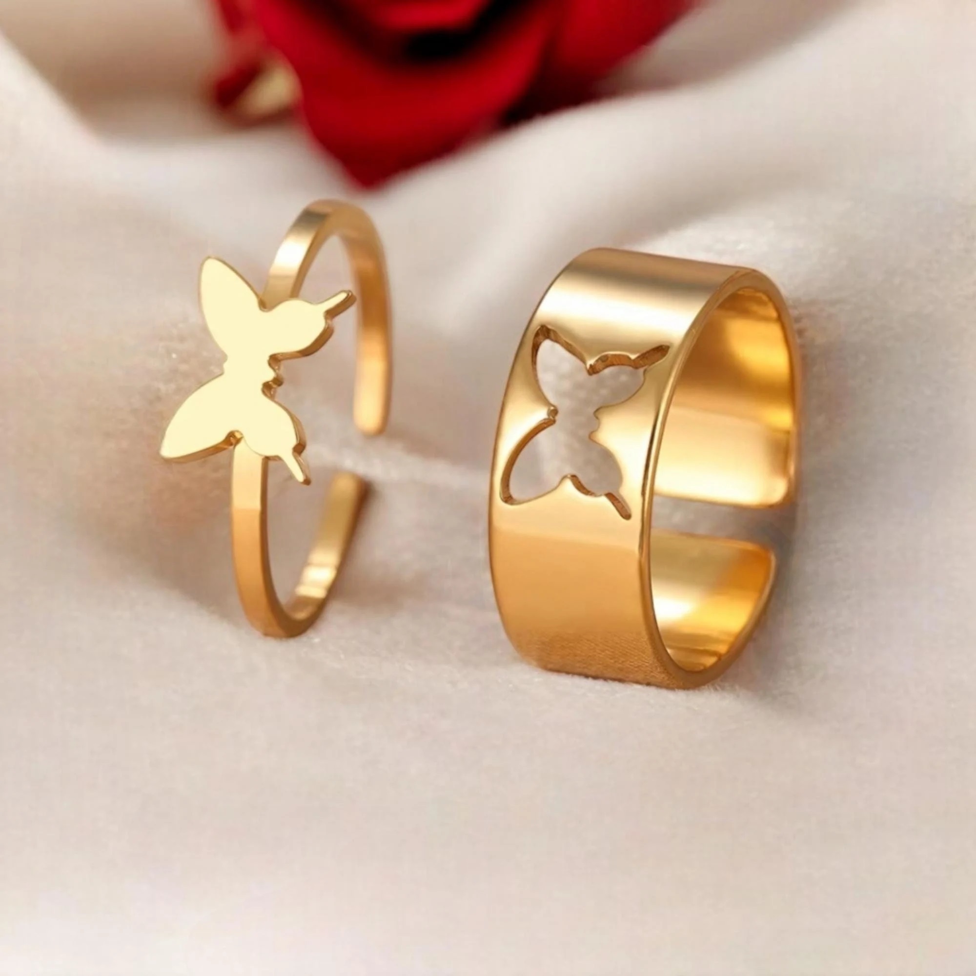 Trendy Butterfly Rings for Men & Women - Lover Pack of 2 Open Adjustable Rings for Couples - Couples Ring