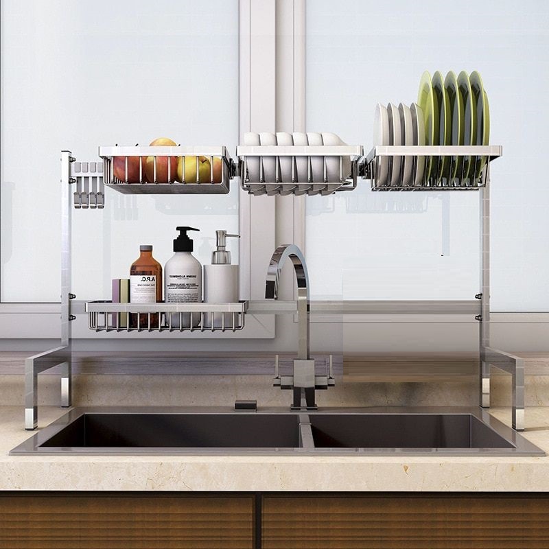 Stainless Steel Over The Sink Dish Drying Rack and Storage Area, Shelf for Kitchen Supplies