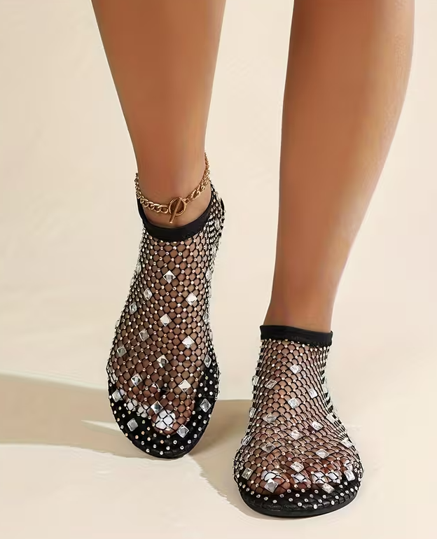 Women's Rhinestone Fishnet Flats – Breathable Slip-On Sparkle Shoes, Comfortable Low Heel Summer Casual Sandals